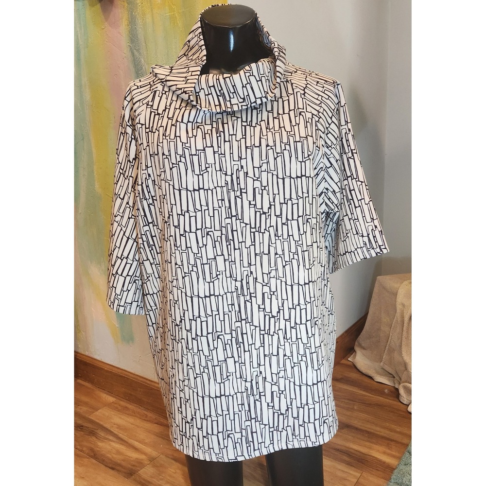 Cream Black‎ Lagenlook Tunic Top Geometric Funnel Neck Oversized POCKETS bust 48
